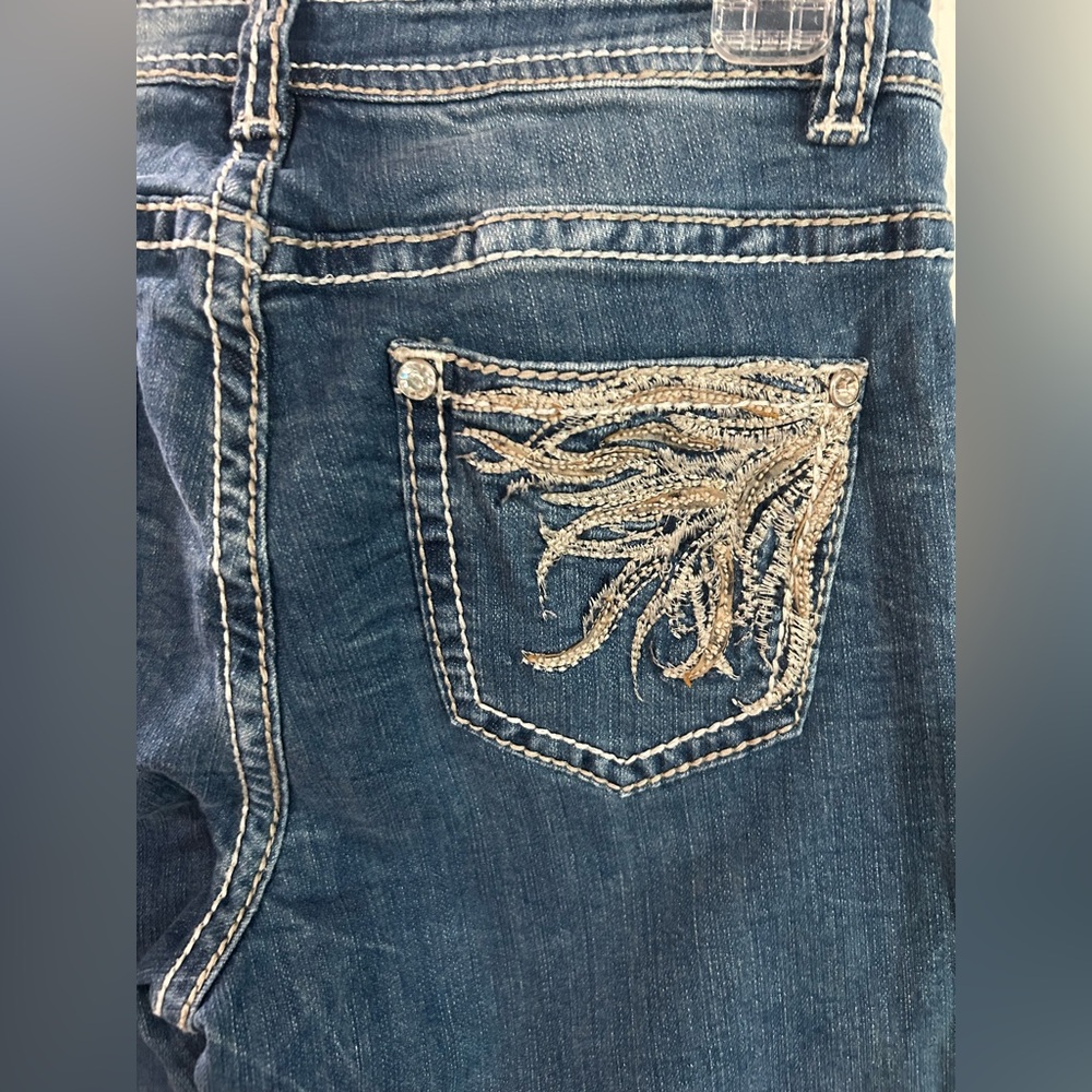 Reba Dark Blue Boot Cut Jeans with Tan Embroidered Back Pocket